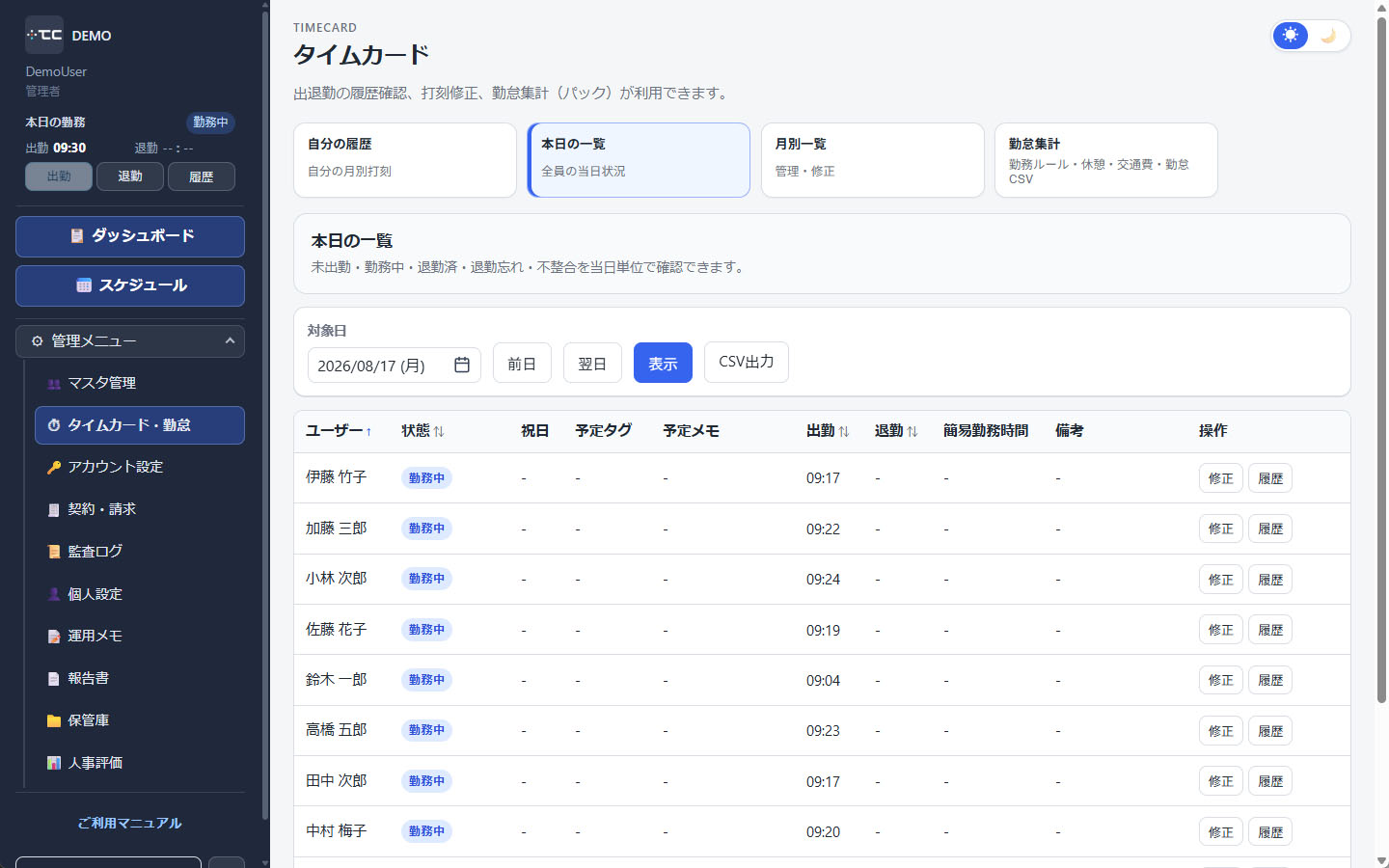本日の一覧（管理者）