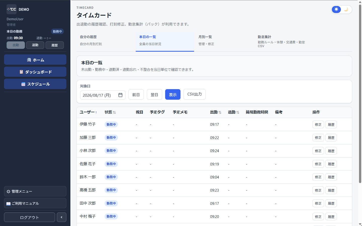 日別一覧(管理者)